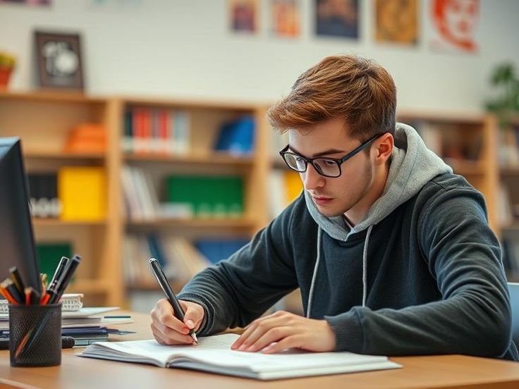 Student preparing for the Henrietta Barnett School 11 Plus entrance exam with study materials and practice papers